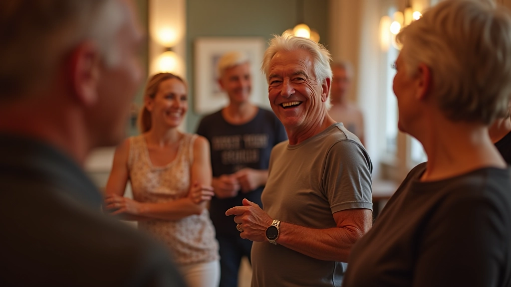 Mature adults laughing and connecting during a social dance class