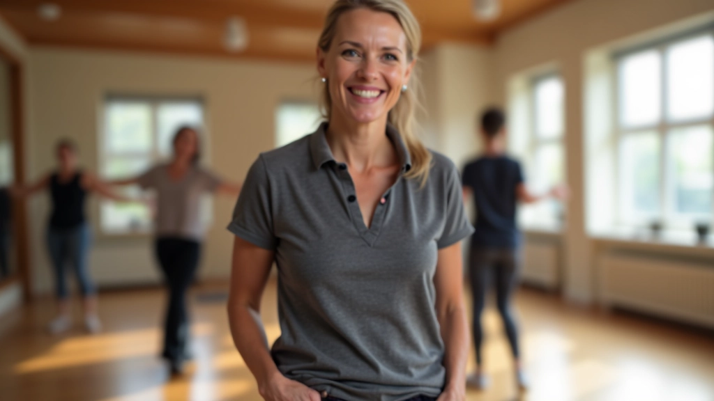 Mature adult in casual dancewear standing confidently in a bright dance studio with wooden floors