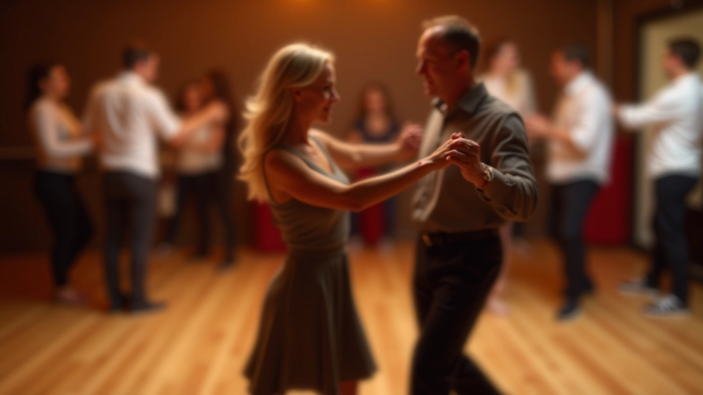 Mature couple dancing salsa together with energetic movement and joy