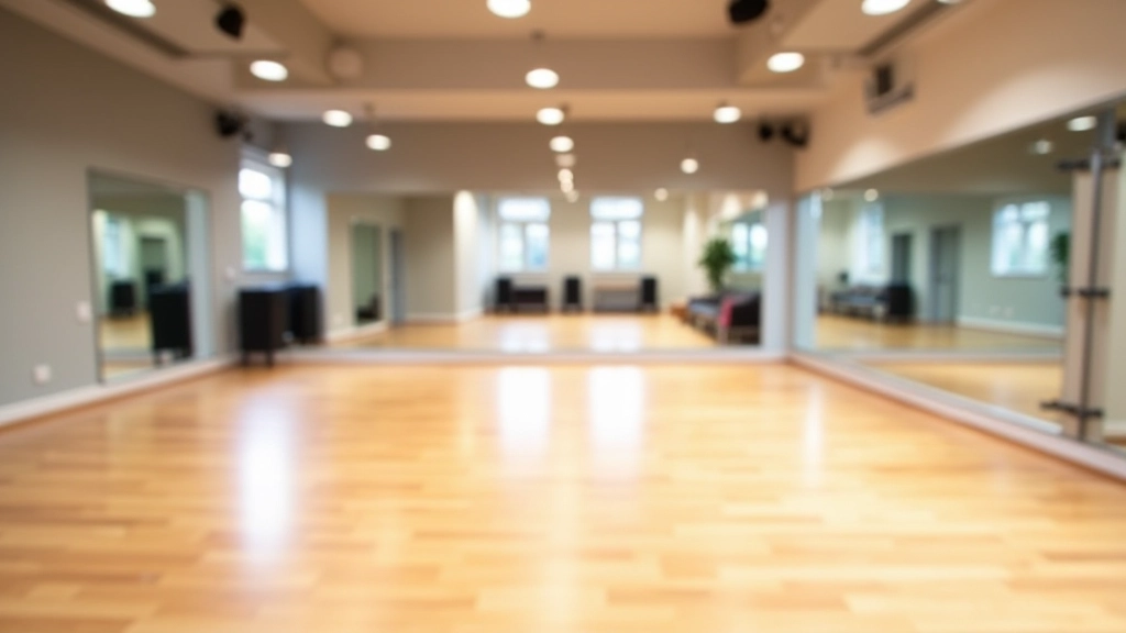 Clean, modern dance studio with polished sprung flooring, mirrors, and bright overhead lighting